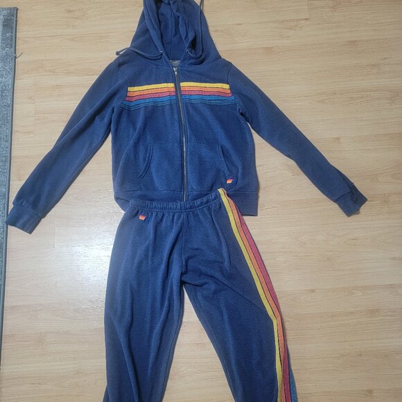 Aviator Nation  Stripe Hoodie and Sweatpants Set Dark Blue Medium - Picture 1 of 8